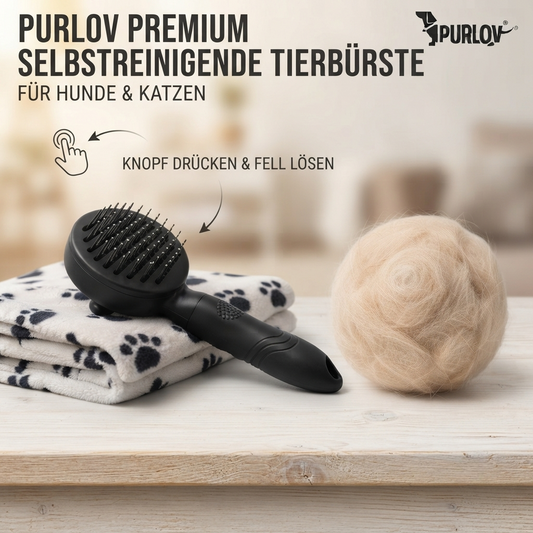 PURLOV Fellbürste mit Selbstreinigungs-Funktion – Perfekt für alle Felltypen – Stressfreie Pflege