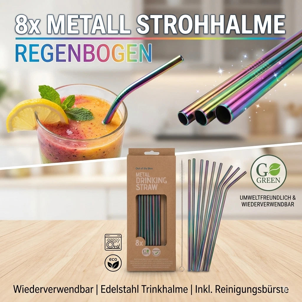 8x Metall Strohhalme Regenbogen Wiederverwendb<wbr/>ar Edelstahl Trinkhalme Bürste
