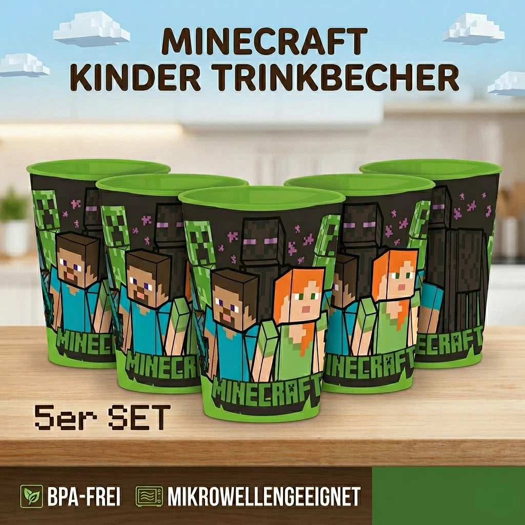 5x Minecraft Kinder Trinkbecher Kunststoff 260ml | BPA-Frei Mikrowelle Becher
