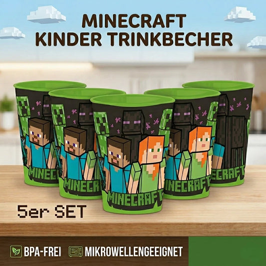 5x Minecraft Kinder Trinkbecher Kunststoff 260ml | BPA-Frei Mikrowelle Becher